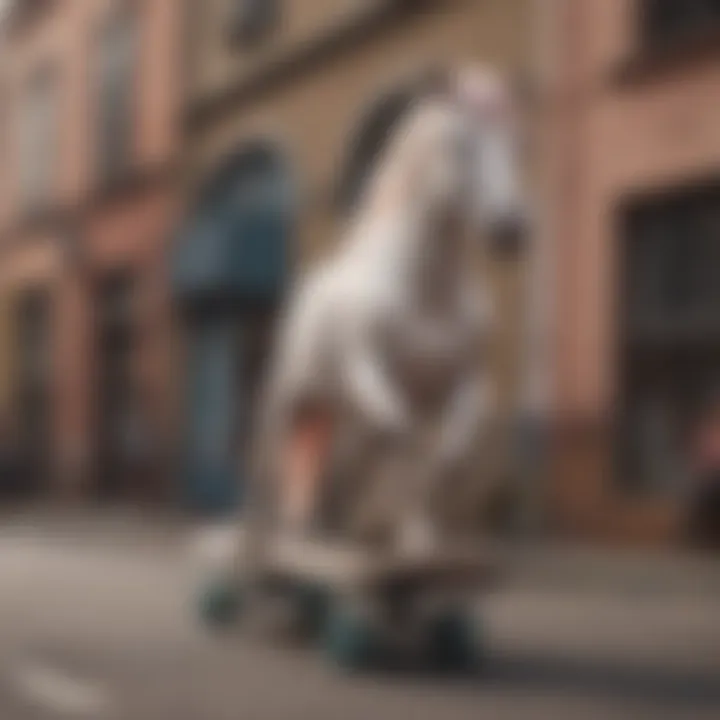 A diverse group of skateboarders showcasing their unique unicorn boards in an urban setting