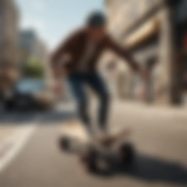 An adult rider gliding effortlessly on a cruiser skateboard in an urban setting.