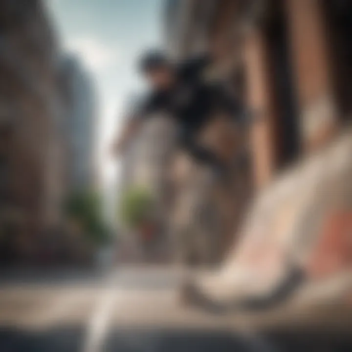 Skateboarder performing a trick on a vibrant urban backdrop.