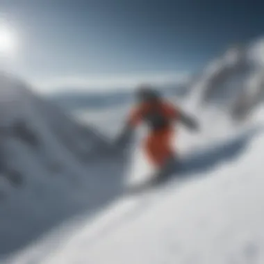 Snowboarder carving through fresh powder against a mountain skyline.
