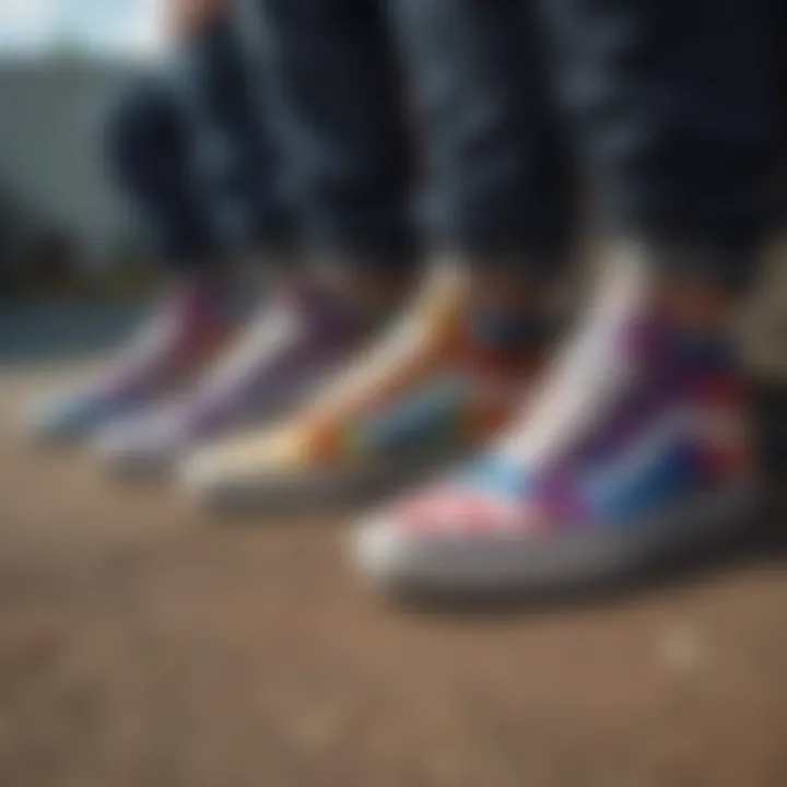 Group of extreme sports athletes gathering, wearing Vans Rainbow Checkerboard shoes