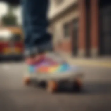 Skateboarder wearing Vans rainbow checkered shoes in action