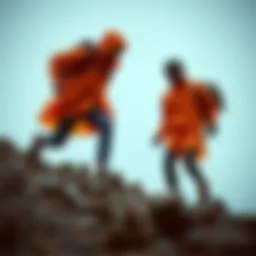 Dynamic adventurers exploring rugged terrain in Vans raincoats