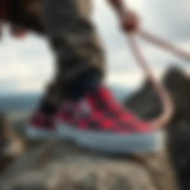 Plaid Slip-Ons on Climber During Adventure Vans slip-ons in plaid pattern worn by a climber during an outdoor adventure.