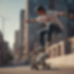 A skateboarder showcasing a stylish trick in Vision Skate Wear gear, set against a vibrant urban backdrop.