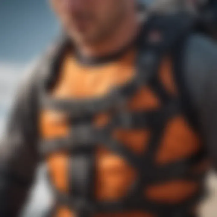 A detailed view of the materials used in a waist harness for paragliding, highlighting durability.