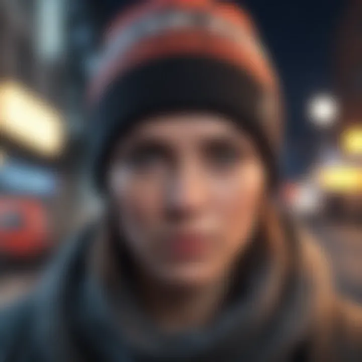 A trendy individual wearing a stylish beanie in an urban setting.