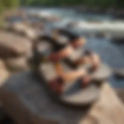 A pair of colorful Chacos sandals on a rock near a river