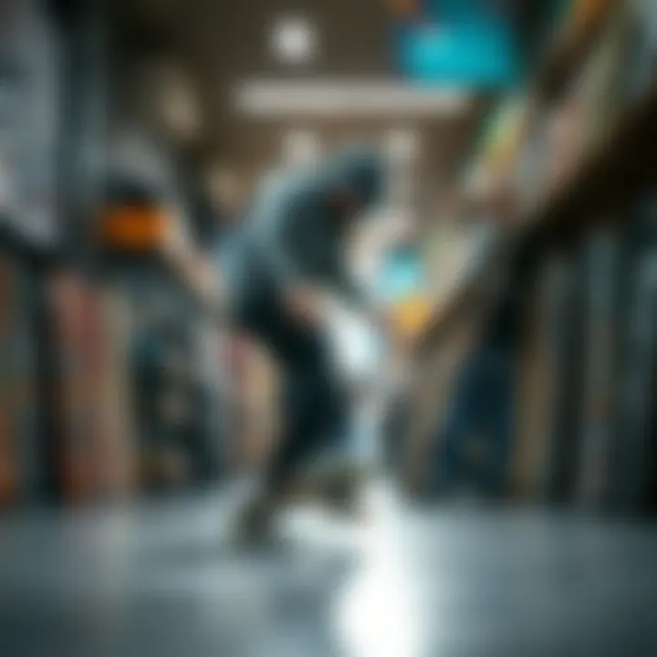 Skateboarder testing a board at a shop