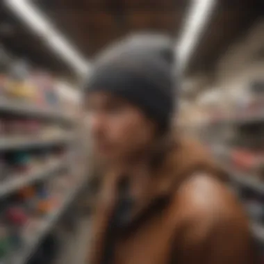 A person browsing second-hand beanies in a thrift store