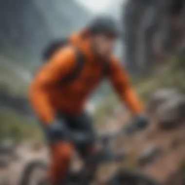 A mountain biker navigating rocky terrain while wearing a windbreaker with a hood.