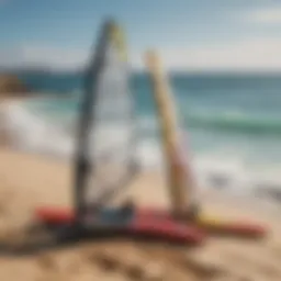 A variety of windsurfing boards displayed on a beach