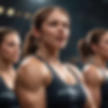 A group of female weight lifters celebrating their achievements on the podium, representing success and camaraderie.