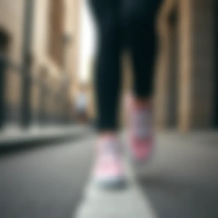 Urban Fashion Featuring Pink and White Vans A fashionable individual wearing pink and white Vans in an urban setting