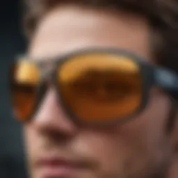 A pair of wrap-around sunglasses designed for outdoor sports.