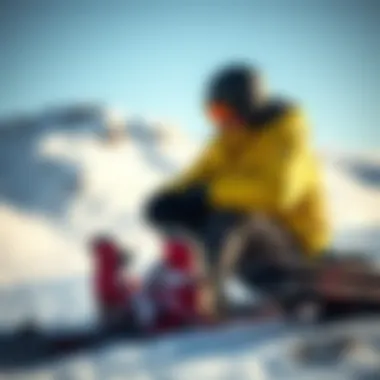Rider adjusting XS snowboard bindings on the slopes