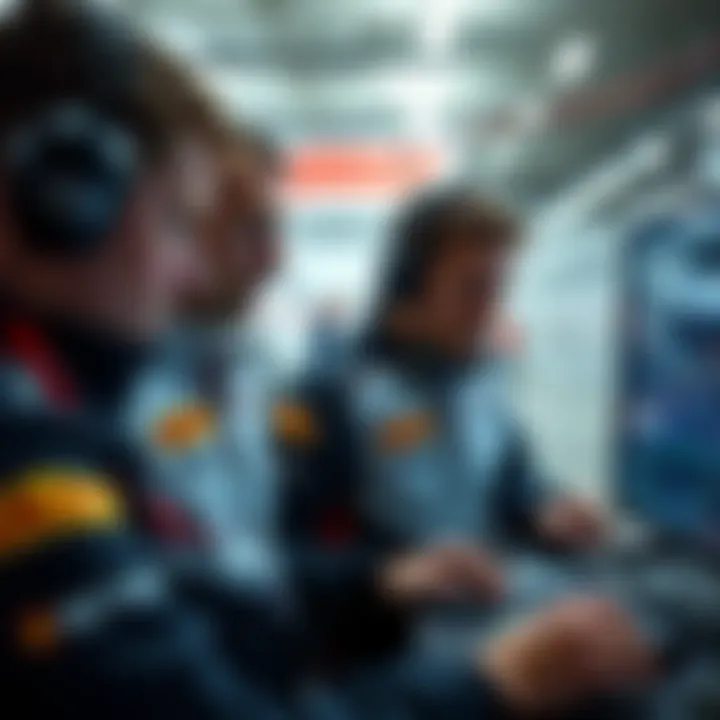 A team of engineers analyzing data during a race