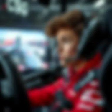 A young driver in a racing suit practicing in a simulator