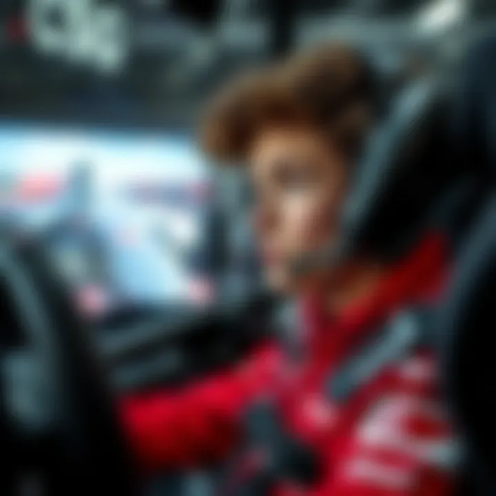 A young driver in a racing suit practicing in a simulator